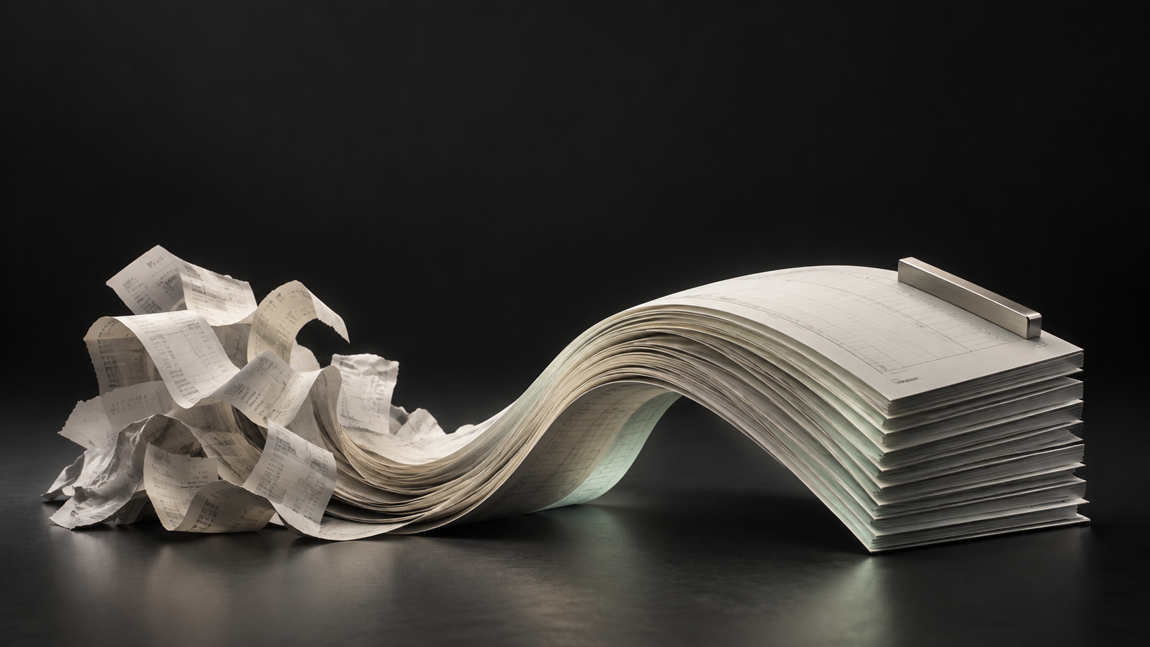 Concept artwork: loose receipts flowing into a precisely organized expense report